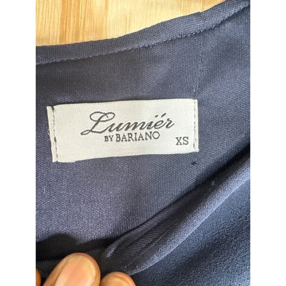 Lumier by Bariano Dark Blue Bodycon Cocktail Dress XS Quiet Luxury Romantic Midi - Picture 6 of 7